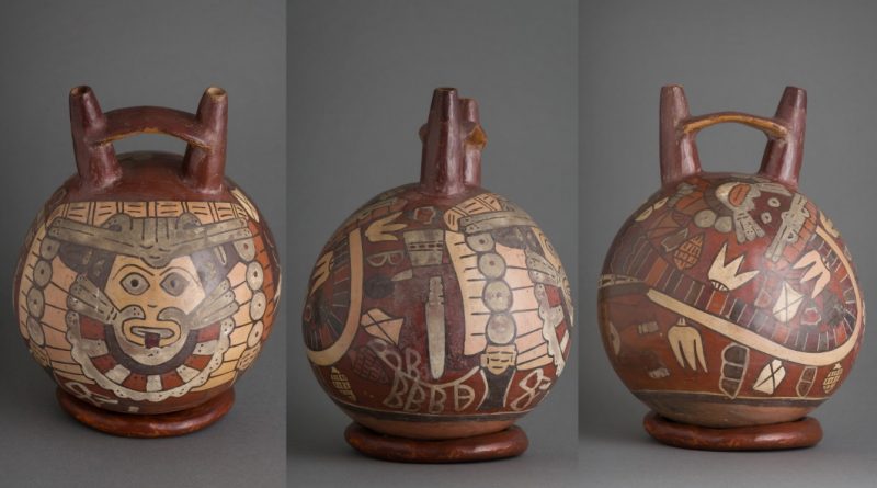 Vaso de cerâmica da cultura Nasca (100 a.C – 650 d.C) com representação de ser mítico antropomorfo, da Coleção Ema Klabin. Foto: Massapê Audiovisual/Sergio Zacch