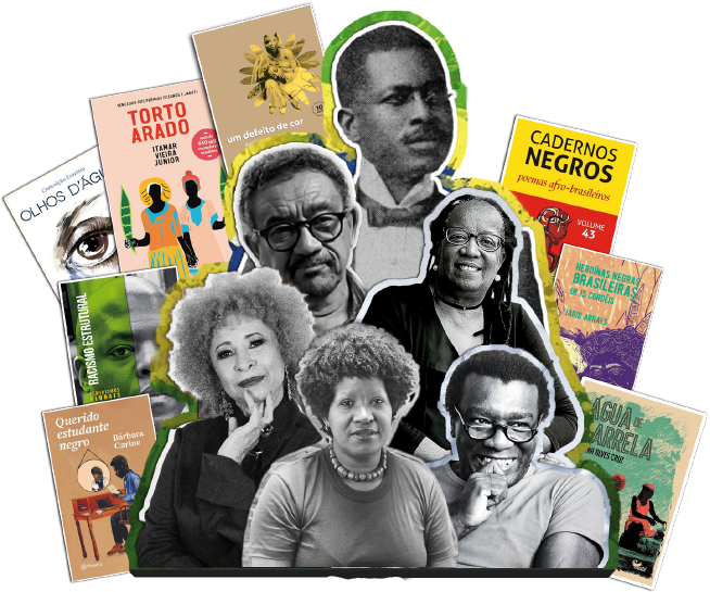 Na colagem, da esquerda para direita, imagens da física Sonia Guimarães, do sociólogo Muniz Sodré, do primeiro professor negro do Brasil, Hemetério dos Santos, da Filósofa Sueli Carneiro, do geógrafo Milton Santos e da antropóloga Lélia González.