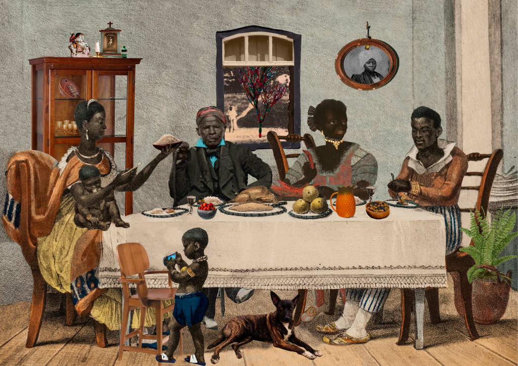 Sentem para jantar (2021), Série “Atualizações traumáticas de Debret”, Gê Viana. Acervo da artista_Cortesia da Lima Galeria