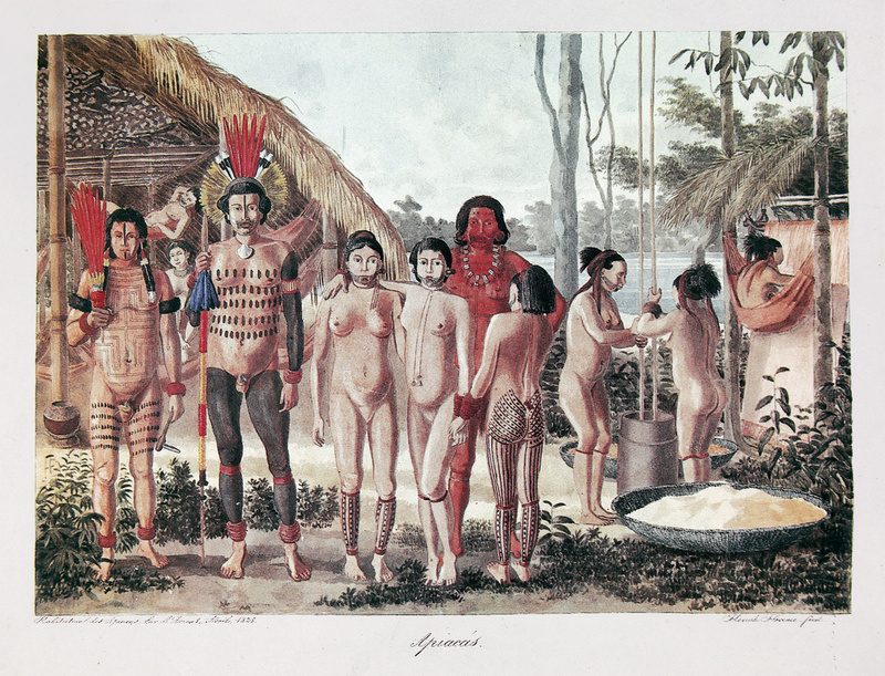 Hercule Florence (1804-1879) | Apiacás. Habitation des Apiacás sur l'Arinos, Avril 1828. Hercule Florence, fecit., 1828
Aquarela sobre papel, 40,8 x 51 cm | Arquivo da Academia de Ciências (São Petersburgo)