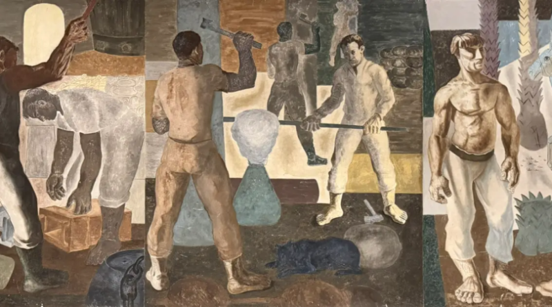 Detalhe da série Ciclos Econômicos Brasileiros, instalada no Palácio Gustavo Capanema (Candido Portinari/Reprodução) Leia mais em: https://vejario.abril.com.br/coluna/daniel-sampaio/exposicao-portinari-murais-capanema/