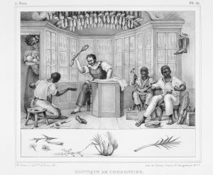 Jean-Baptiste Debret Boutique de cordonnier [Sapataria] In: Voyage pittoresque et historique au Brésil [Viagem pitoresca e histórica ao Brasil] 1835 Litogravura sobre papel Acervo Biblioteca Brasiliana Guita e José Mindlin – Pró-Reitoria de Cultura e Extensão Universitária da Universidade de São Paulo 