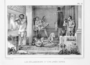 Jean-Baptiste DebretLe dîner / Les délassements d'une après-dîner [O jantar / Passatempo depois do jantar]In: Voyage pittoresque et historique au Brésil [Viagem pitoresca e histórica ao Brasil]1835Litogravura sobre papel Acervo Biblioteca Brasiliana Guita e José Mindlin – Pró-Reitoria de Cultura e Extensão Universitária da Universidade de São Paulo