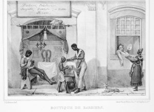 Jean-Baptiste Debret Les barbiers ambulants / Boutiques de barbiers [Barbeiros ambulantes / Loja de barbeiro] In: Voyage pittoresque et historique au Brésil [Viagem pitoresca e histórica ao Brasil] 1835 Litogravura sobre papel Acervo Biblioteca Brasiliana Guita e José Mindlin – Pró-Reitoria de Cultura e Extensão Universitária da Universidade de São Paulo 