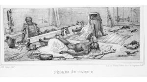 Jean-Baptiste Debret L’exécution de la punition du fouet / Nègres ao tronco [Aplicação do castigo do açoite I Negros no tronco]   In: Voyage pittoresque et historique au Brésil [Viagem pitoresca e histórica ao Brasil] 1835 Litogravura sobre papel  Acervo Biblioteca Brasiliana Guita e José Mindlin – Pró-Reitoria de Cultura e Extensão Universitária da Universidade de São Paulo 